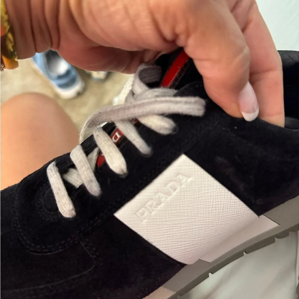 Prada Black White Suede Sneakers with Red Accents - Picture 4 of 9
